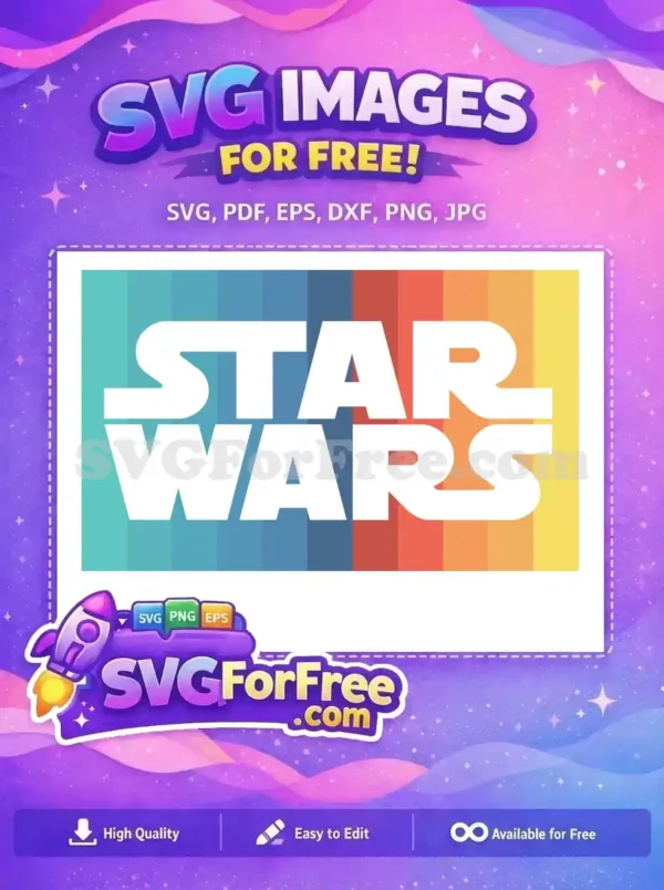 A fantastic free Star Wars logo design featuring bold white text against a captivating rainbow-striped background. Ideal for fans.