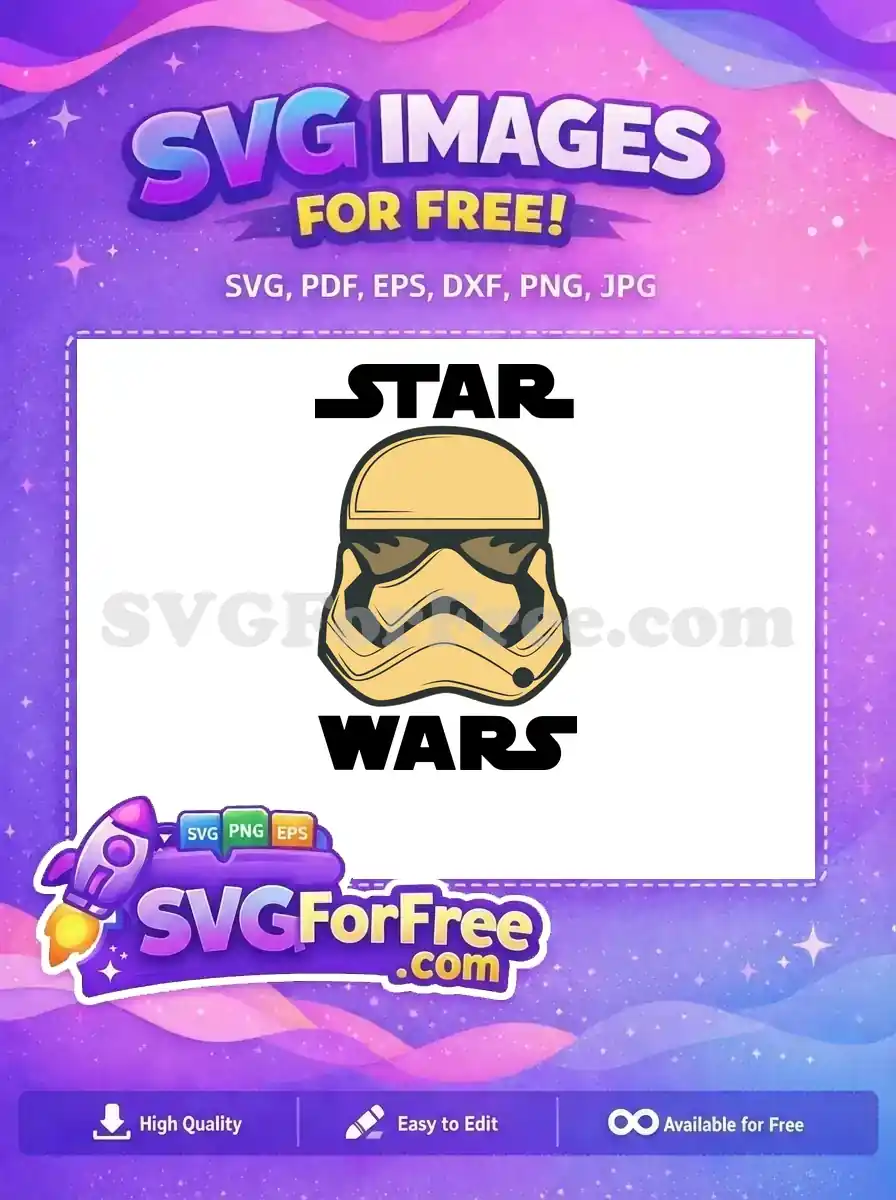 A free Star Wars Stormtrooper helmet vector with "STAR WARS" text. This free design is ideal for fans and crafters.