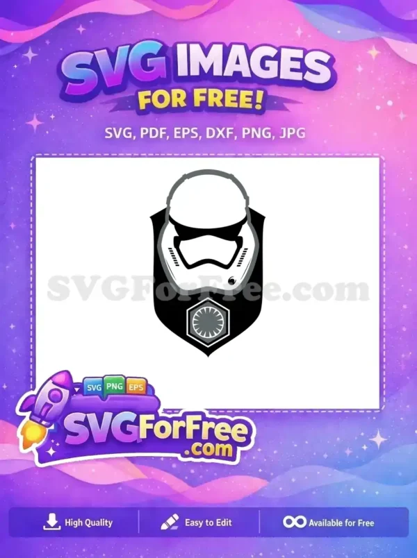 Free Star Wars First Order Stormtrooper helmet design on a black shield with the First Order emblem, a versatile free SVG.