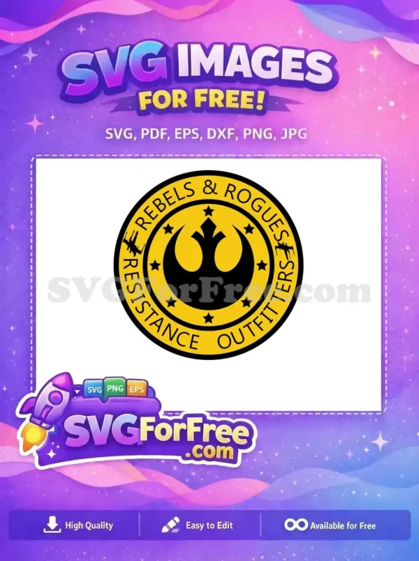 Free Rebel Alliance Emblem SVG – Galactic Resistance Design A free circular yellow and black emblem featuring the Rebel Alliance symbol, X-wings, and 'Rebels & Rogues Resistance Outfitters' text. Ideal for free sci-fi fan art.