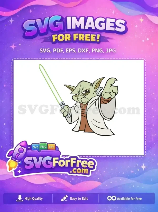 A free design of a determined cartoon Yoda holding a glowing green lightsaber and pointing, ready for action.