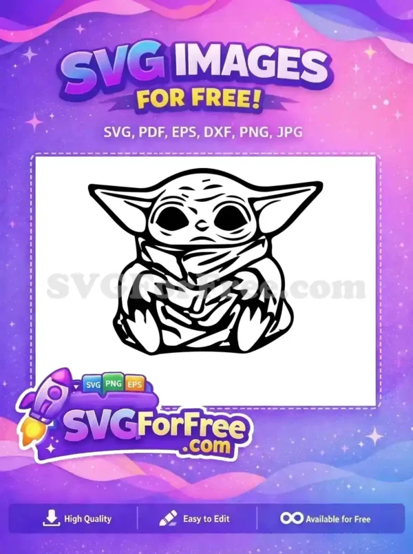 Free Grogu (Baby Yoda) SVG design, a charming black and white vector illustration for endless free creative projects.