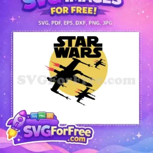 Free Star Wars SVG featuring iconic black X-wing fighters with red flames against a circular yellow background. Perfect free design.