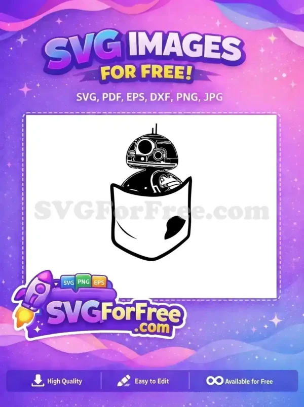 Free Pocket Droid SVG – Adorable Star Wars Inspired Design A free, high-quality SVG of a cute, black and white BB-8 style droid peeking playfully from a stylized pocket.