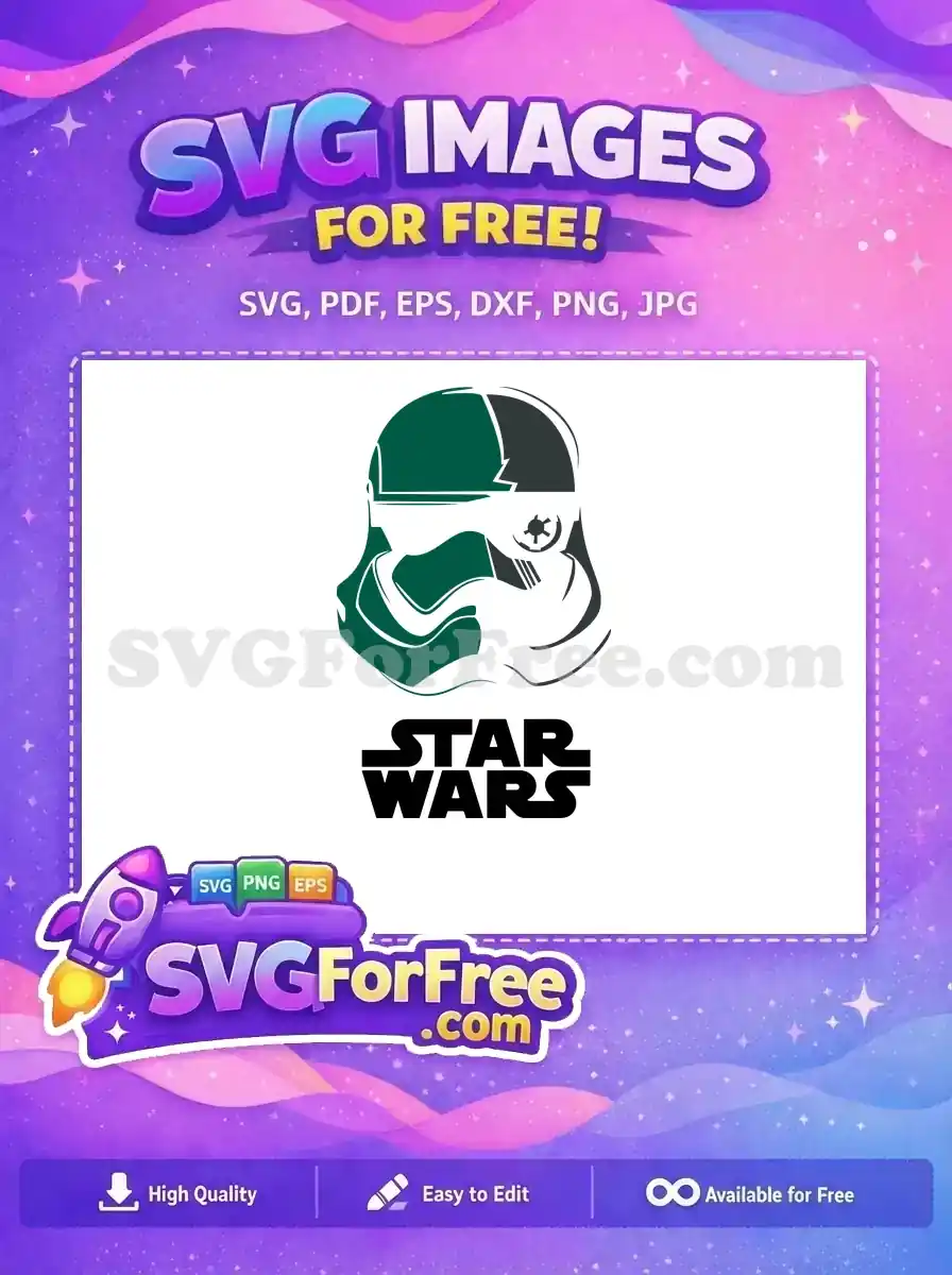 Free Star Wars Stormtrooper helmet SVG with iconic text. A high-quality free vector design for fans and crafters.