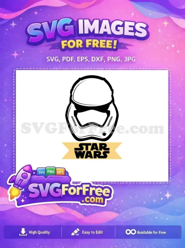 A detailed free SVG of a First Order Stormtrooper helmet from Star Wars, with the iconic logo banner. Download this free design now!