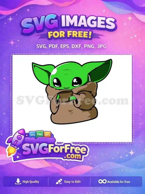 Adorable Green Alien Child with Cup – Free SVG Design for Fans A free design of a charming green alien character, similar to Baby Yoda, in a brown robe, holding a small cup.