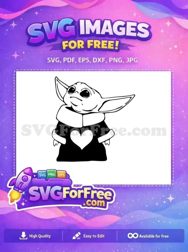 Free Baby Yoda Heart SVG – Cute Star Wars Fan Design Adorable free Baby Yoda with heart SVG. This lovable character in a simple, free black and white design is perfect for fans and crafters.