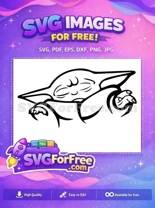 Free sleepy alien character SVG design, ideal for fans. A charming free vector graphic of Grogu resting peacefully.