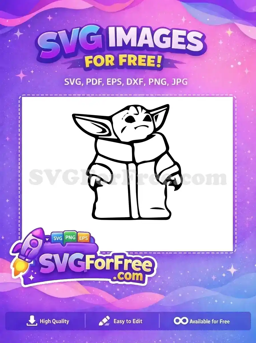 Free Grogu (Baby Yoda) SVG outline design, featuring his iconic grumpy expression and robe, perfect for crafts.