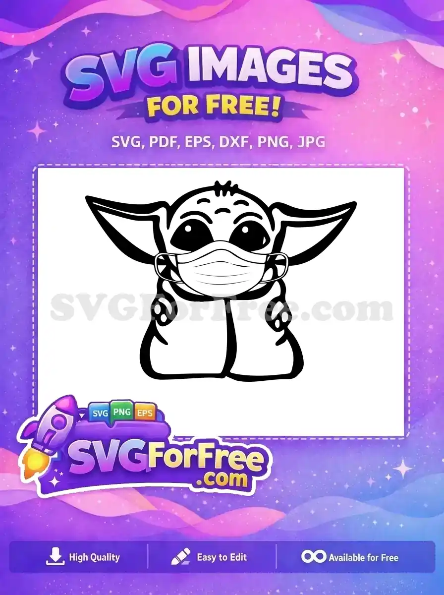 Free Grogu (Baby Yoda) wearing a protective face mask, a cute and timely black outline SVG design. Perfect free vector art.