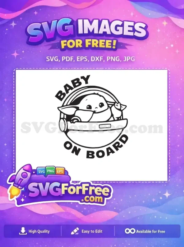 Free Grogu Baby on Board SVG – Adorable & Free Design! Free Baby on Board SVG featuring Grogu (Baby Yoda) in his pram, a delightful free design for car decals and crafts.