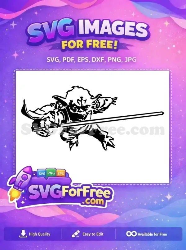Dynamic free SVG of Yoda wielding a lightsaber, ready for action. This iconic Jedi Master design is perfect for Star Wars fans and crafters seeking free digital assets.