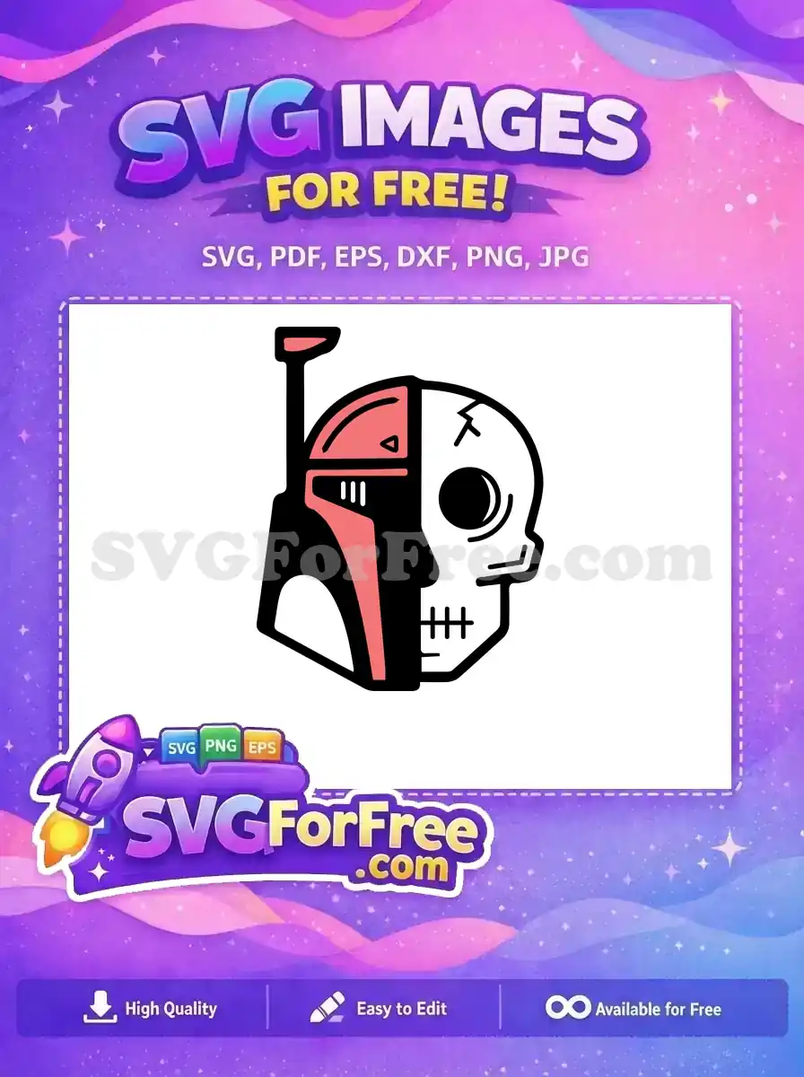 A free striking SVG featuring a split design: one half a bounty hunter helmet, the other a detailed skull. This free vector art offers a bold, unique aesthetic for any project.