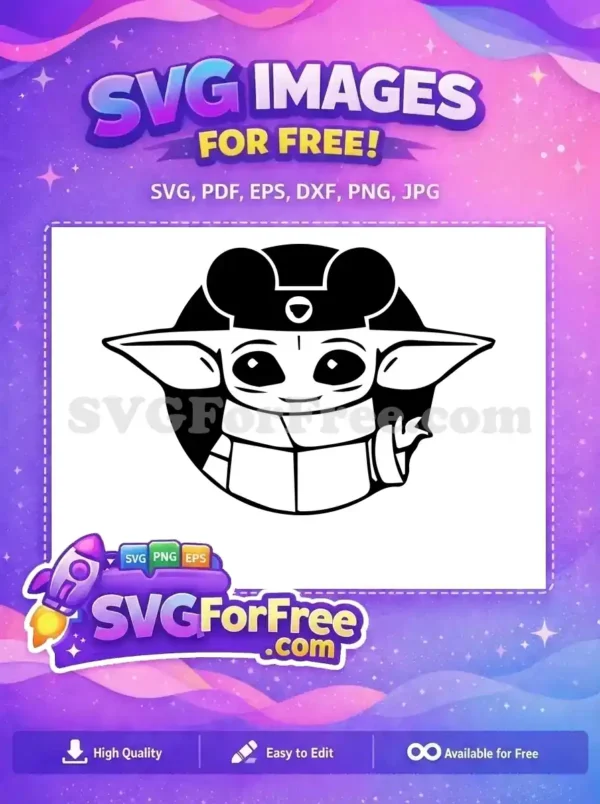 A free design of a cute space child with big ears, wearing Mickey Mouse ears, presented in a crisp black and white SVG.