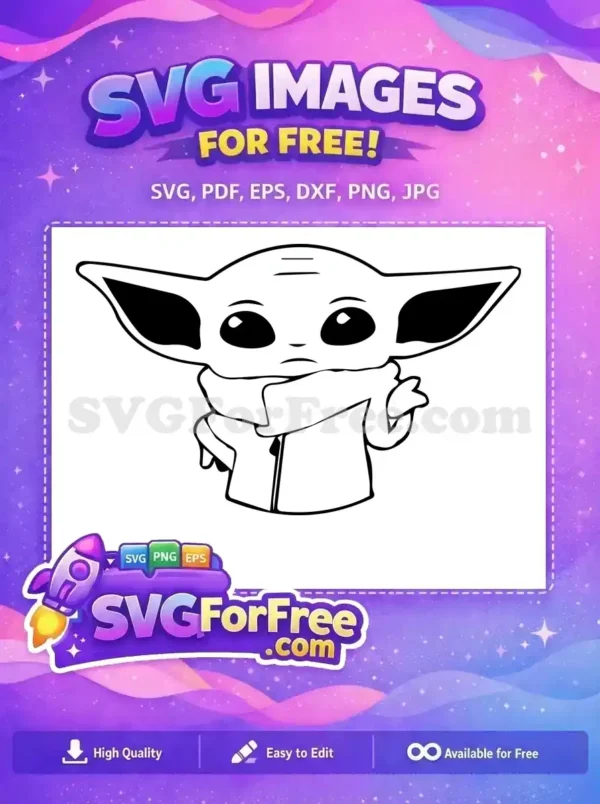 A free design featuring a cute black and white outline of Grogu (Baby Yoda) in his robe, ready for your creative projects.