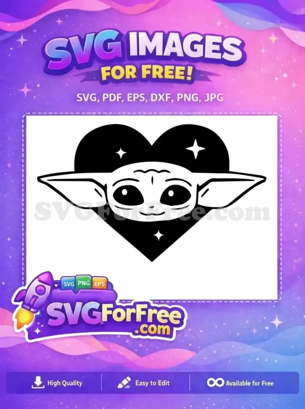 A free SVG of a charming alien character with large ears and big eyes, smiling inside a heart with sparkling accents. This free vector art is perfect for fans.