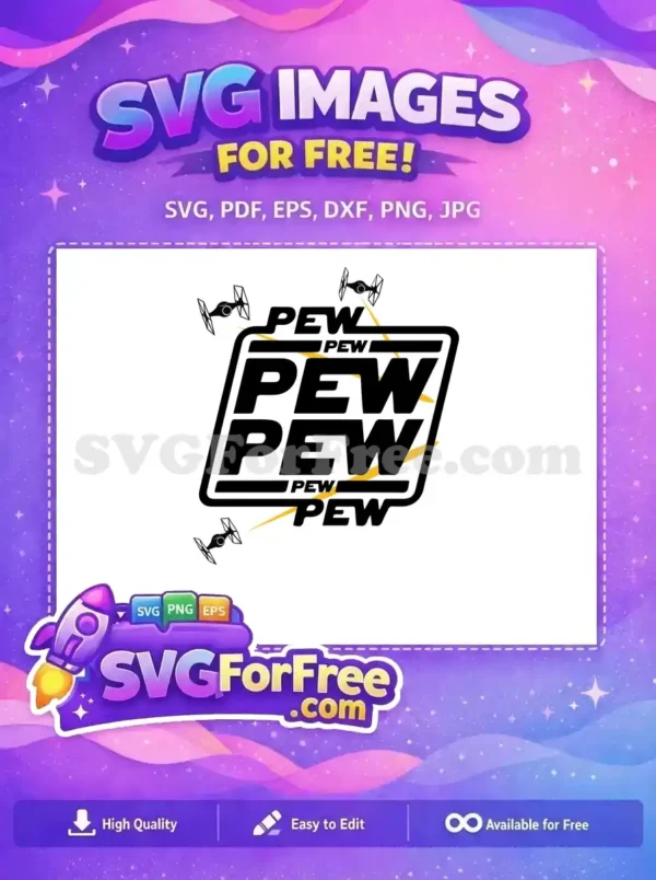 A free dynamic 'Pew Pew Pew' SVG design, featuring TIE fighter-like ships firing lasers, perfect for sci-fi enthusiasts.