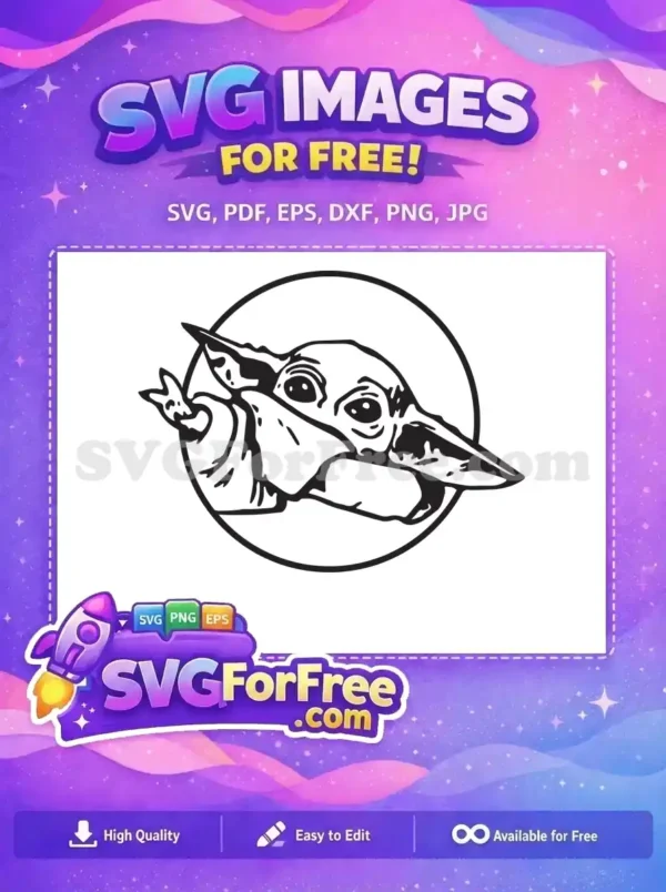A charming free design featuring a black and white line art of a Grogu-like character within a circle. Enjoy this free SVG!