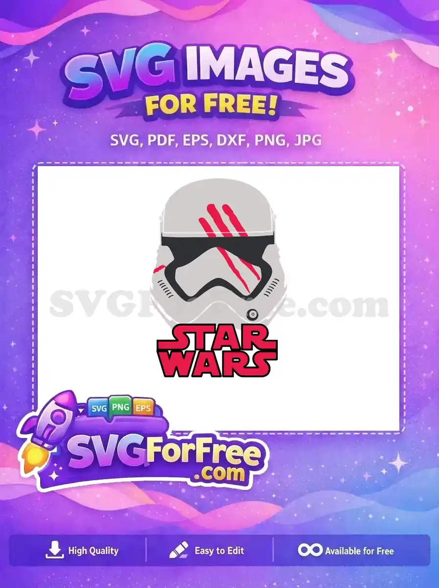 A free Star Wars Stormtrooper helmet design, showcasing red battle scars and the iconic logo. This free vector is ideal for fans.
