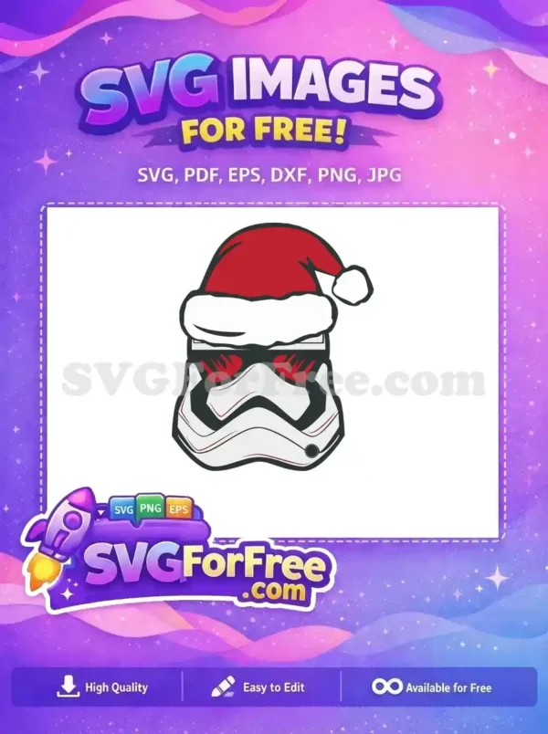 A free design featuring a Stormtrooper helmet wearing a red Santa hat, perfect for festive Star Wars fans. Download this unique free holiday SVG.