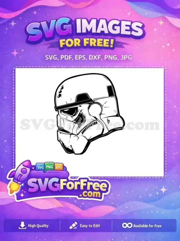 A free design of a classic Stormtrooper helmet, rendered in bold black and white lines with a distressed look. Ideal for fans.