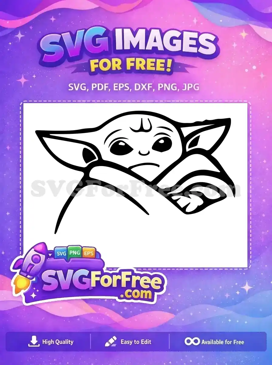 A free outline SVG of Grogu (Baby Yoda) with a pensive expression, wrapped in his robe, ideal for craft projects.