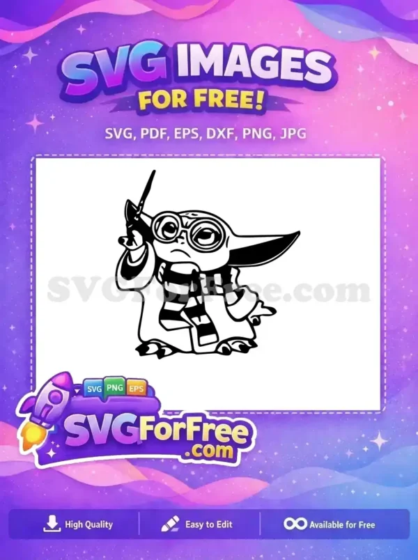 A free Grogu (Baby Yoda) SVG design, complete with cool glasses and a striped scarf. This free vector is ideal for fans.
