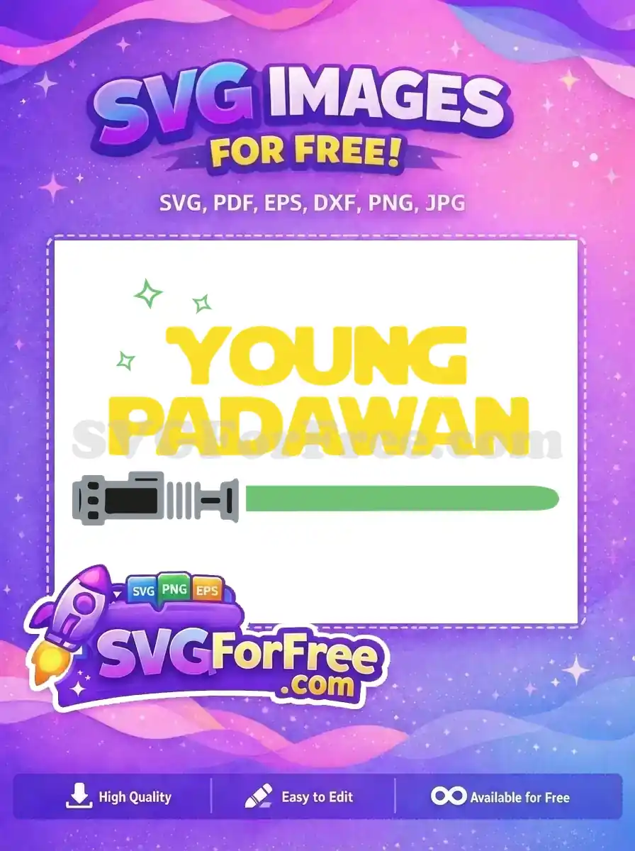 A vibrant free design showcasing 'YOUNG PADWAN' text in yellow with green sparkle accents and a green lightsaber. This free SVG is perfect for Star Wars fans.