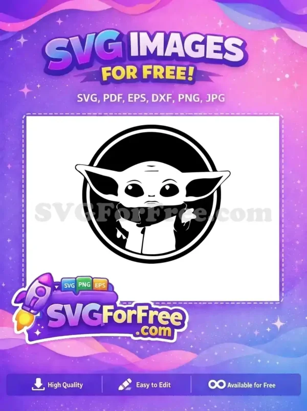 Free design: A captivating black and white silhouette of a beloved space creature, Baby Yoda, within a bold circular frame, offering free download.