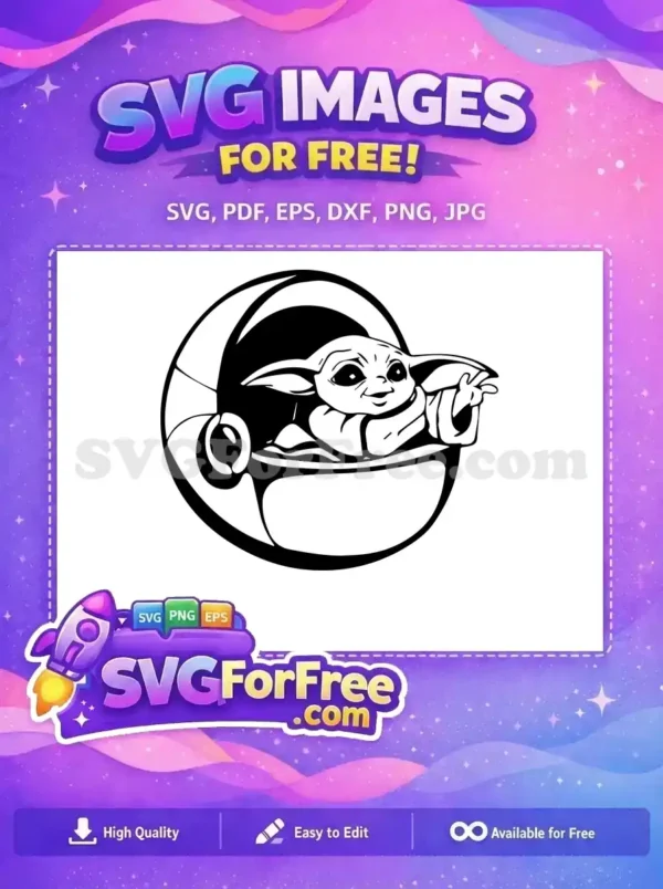 Free Grogu in Pram SVG Design – Your Favorite Free Character! A charming free SVG design of Grogu in his pram, extending a hand, perfect for any Star Wars fan's free craft.
