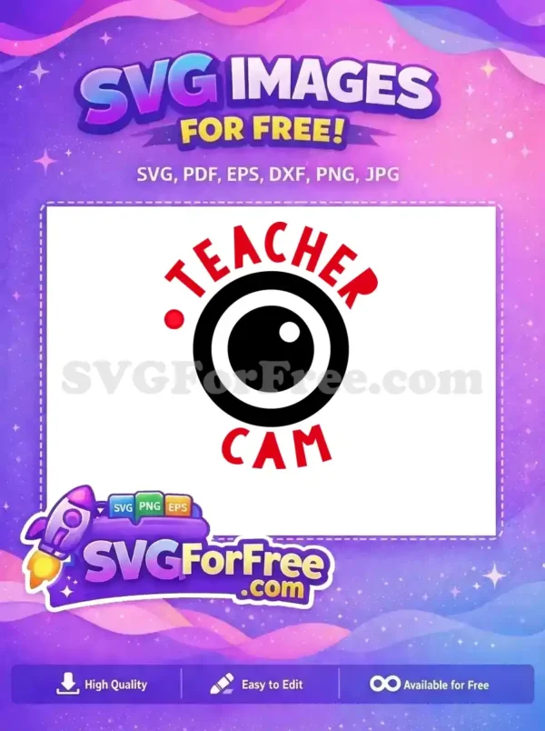 Free Teacher Cam SVG Design – Engaging & Educational A vibrant free 'Teacher Cam' logo featuring red text and a stylized camera lens, ideal for education-themed projects. Get this free SVG now!