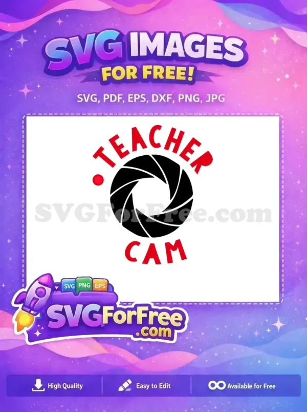 A vibrant 'Teacher Cam' free design featuring a camera aperture and text, ideal for educators and online content.