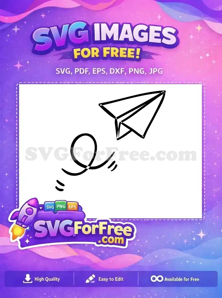 A charming free paper airplane design, illustrated with a bold black outline and a graceful flight path. This free SVG is ready to fly into your projects instantly, offering a touch of playful elegance for free.
