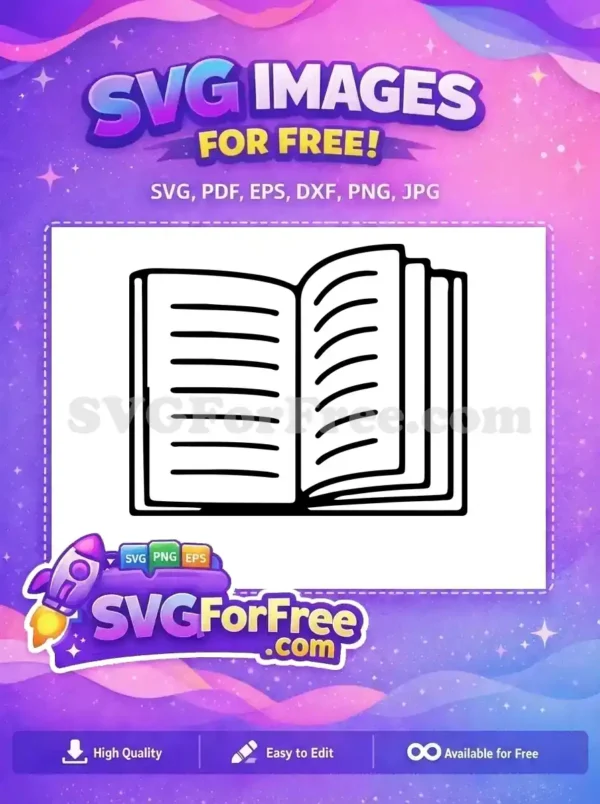 Free open book SVG icon, minimalist line art with text lines on both pages, ideal for educational resources and digital projects.