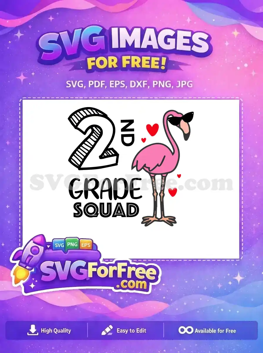 Free 2nd Grade Squad SVG design with a cool flamingo wearing sunglasses and red hearts. Perfect for school-themed crafts.