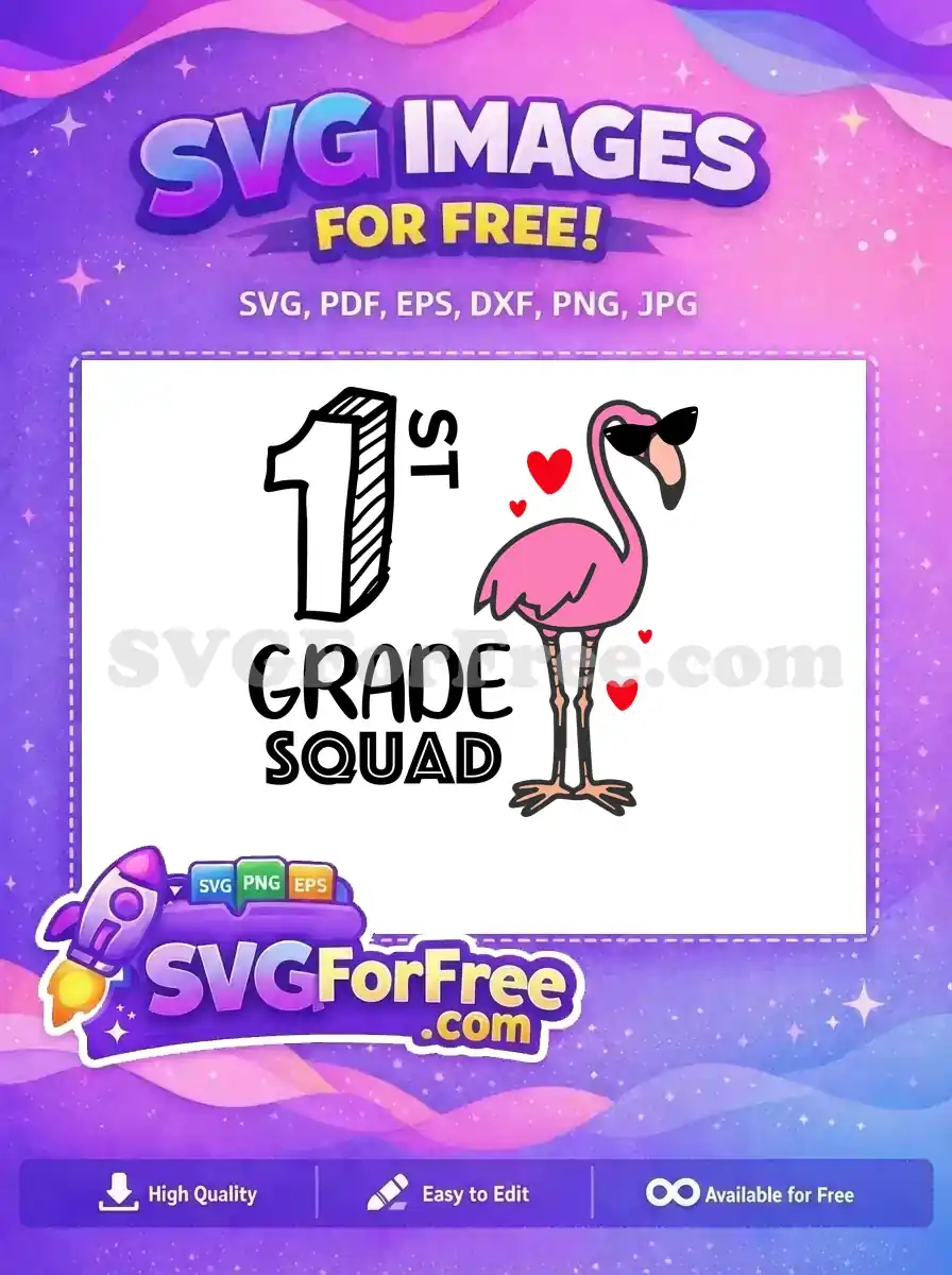 A cool flamingo wearing sunglasses with "1st Grade Squad" text, a vibrant free SVG design for school. This free vector is perfect for back-to-school projects.