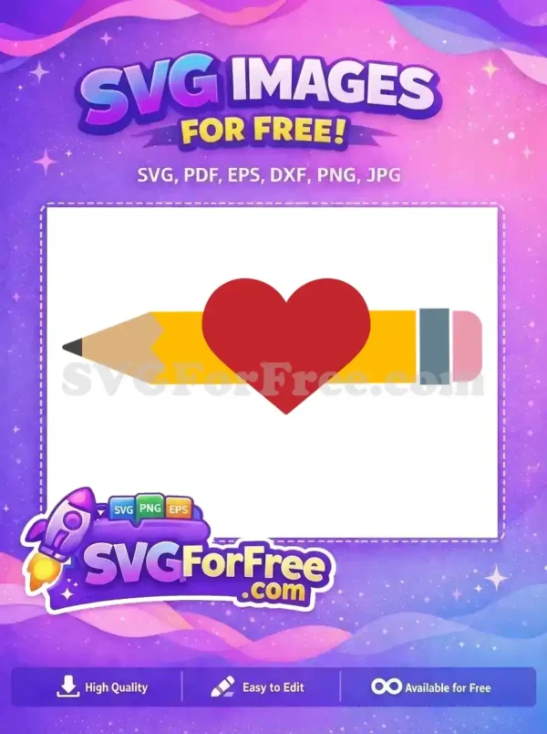 Free Love for Learning Pencil SVG – Creative Design Free design: A vibrant yellow pencil with a prominent red heart, symbolizing love for education and creative pursuits. Download this free SVG now!