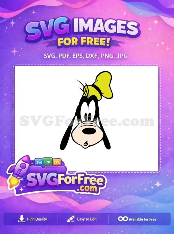 Free Goofy Head SVG Design – Classic Disney Character! A free design of Goofy's iconic head, featuring his yellow hat and surprised expression. Perfect free SVG for fans!