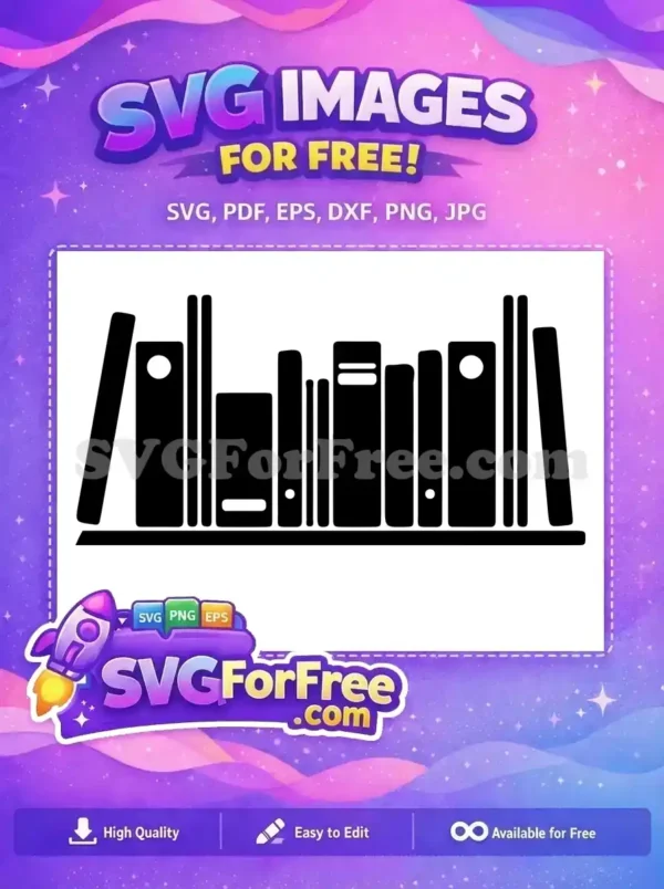 A free minimalist black silhouette of various books and binders neatly arranged on a shelf. This free design is perfect for educational themes.