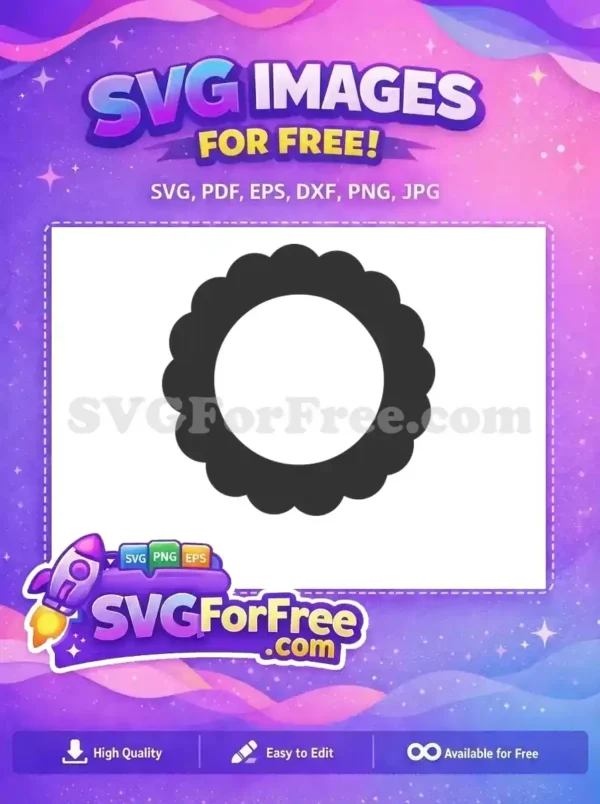 Free Scalloped Circle Frame SVG – Elegant Craft Design A free dark gray scalloped circular frame with a white center, perfect for labels, badges, or decorative elements.