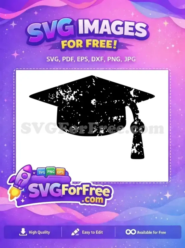 Free distressed black graduation cap SVG with tassel, ideal for academic projects and celebrations. A versatile free design.