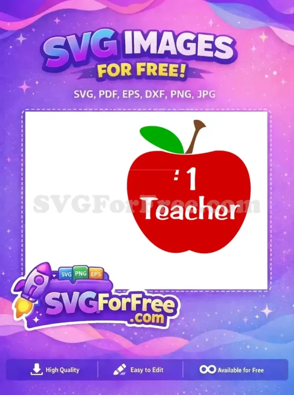 A bright red apple with a green leaf and brown stem, featuring "No. 1 Teacher" in white. Free SVG design.