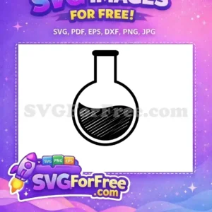 A free, clean black and white SVG icon of a round-bottom lab flask with liquid, ideal for science-themed designs.