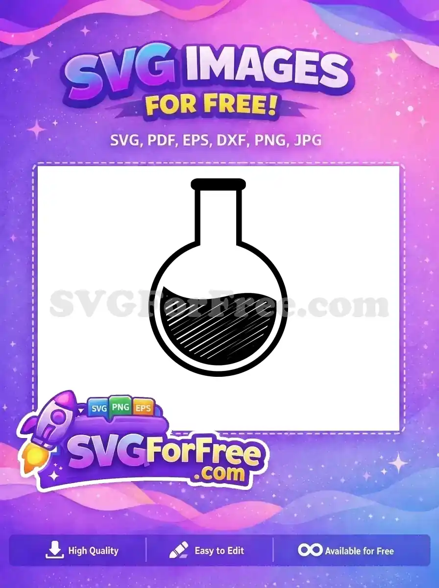A free, clean black and white SVG icon of a round-bottom lab flask with liquid, ideal for science-themed designs.