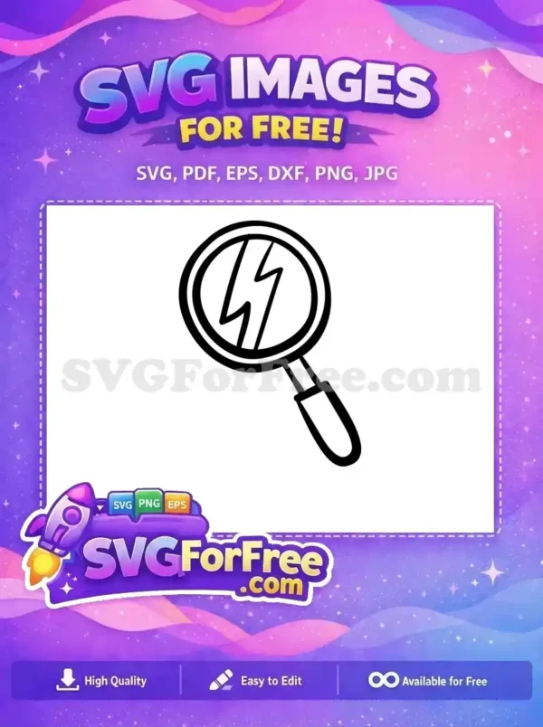 A free, clean SVG of a hand-drawn magnifying glass showcasing a lightning bolt, symbolizing fast search or power.