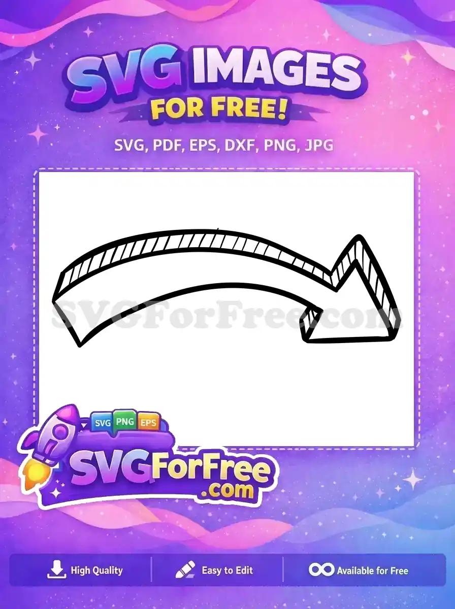 A free hand-drawn style black arrow curving right and down, featuring a distinctive dashed upper border. Ideal for unique design projects.