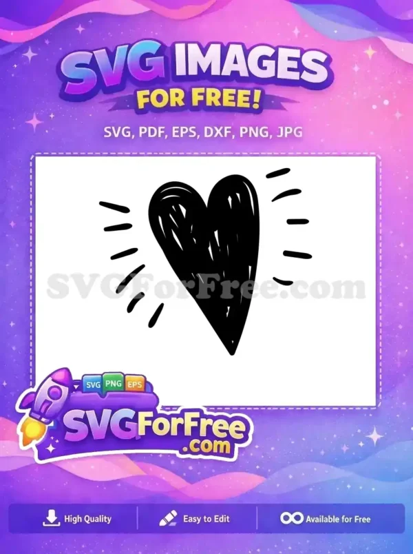 A vibrant free hand-drawn black heart design, glowing with radiating lines, perfect for adding love to your free projects.