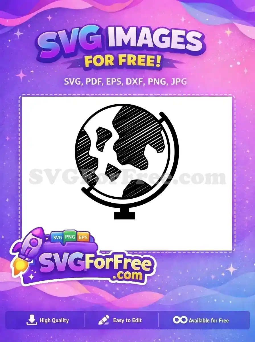 A free hand-drawn style black and white globe on a stand, featuring hatched oceans and solid landmasses. Perfect free vector.