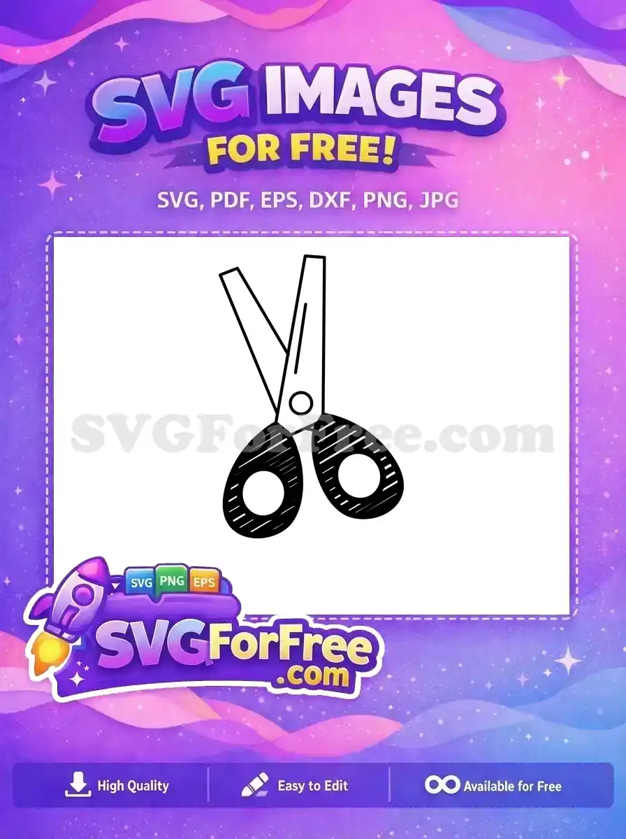 A simple, free line art illustration of open scissors with striped handles, ideal for craft and school projects. Download this free design now!